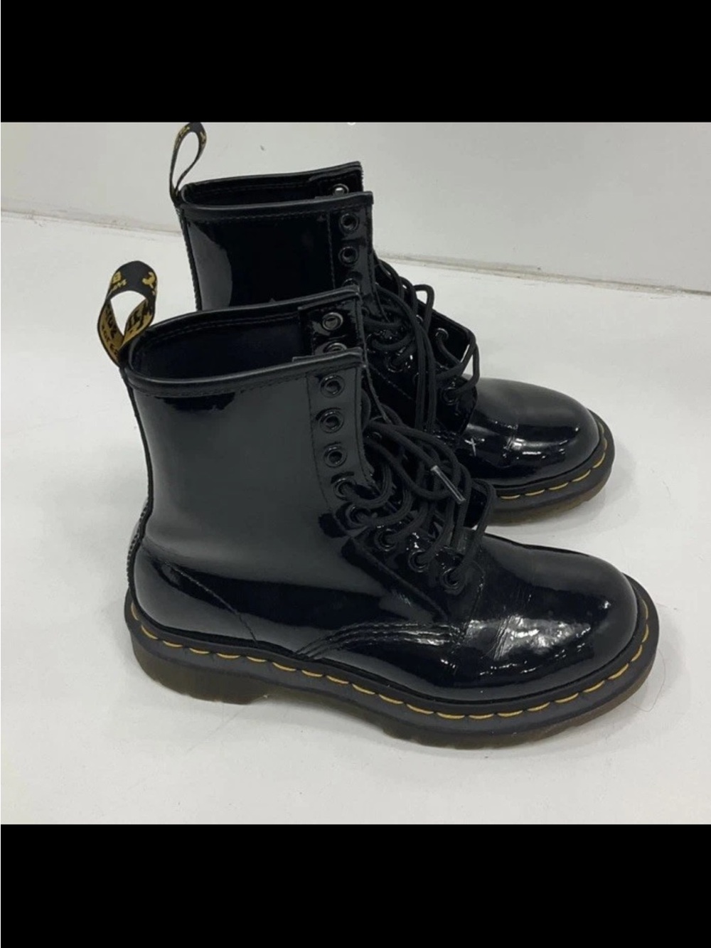 Dr. Martens Black Patent Lace-Up Combat Boots with Yellow Stitching